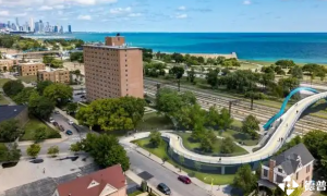 加哥的湖岸大道上的人行天橋上開(kāi)工建設(shè)